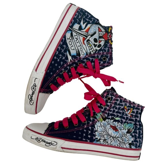 Vintage Y2K Ed Hardy x Christian Audigier Tattoo Print Frayed High Top Sneakers - Picture 5 of 16